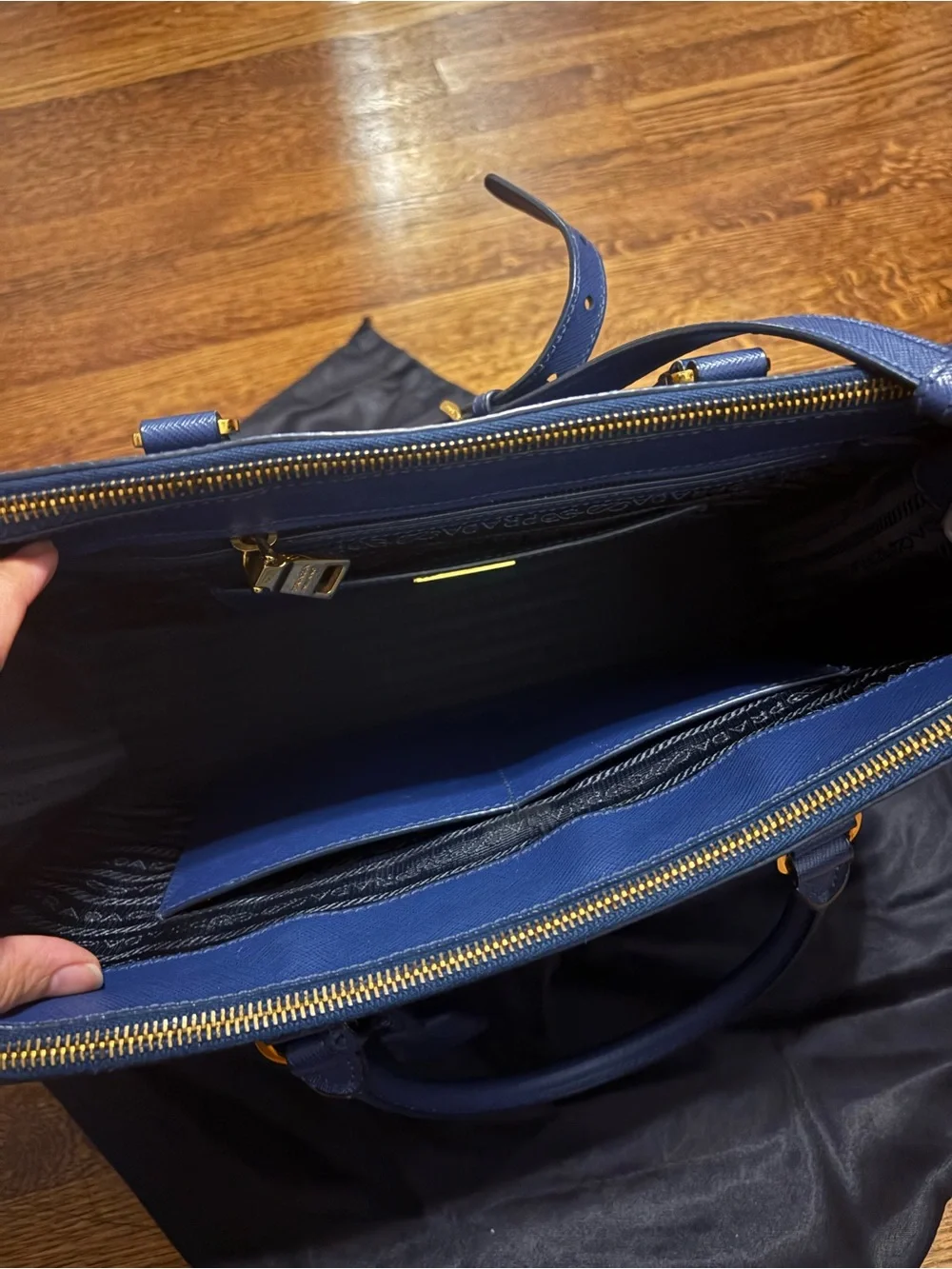 Prada Navy Saffiano Leather Satchel with Gold Hardware